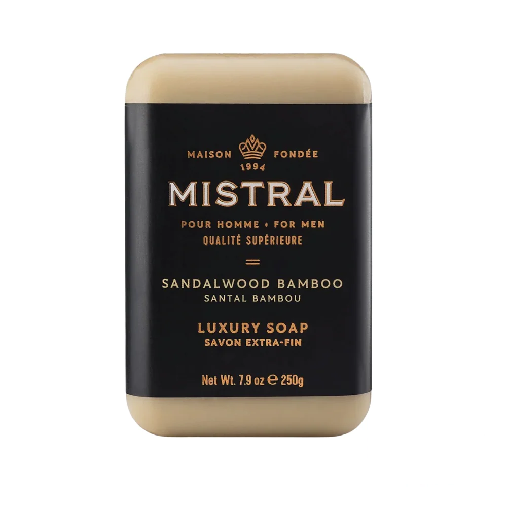 Mistral Men's Hydrating Soap Bar Sandalwood Bamboo – muted green bar in sleek packaging, delivering natural and balanced hydration.