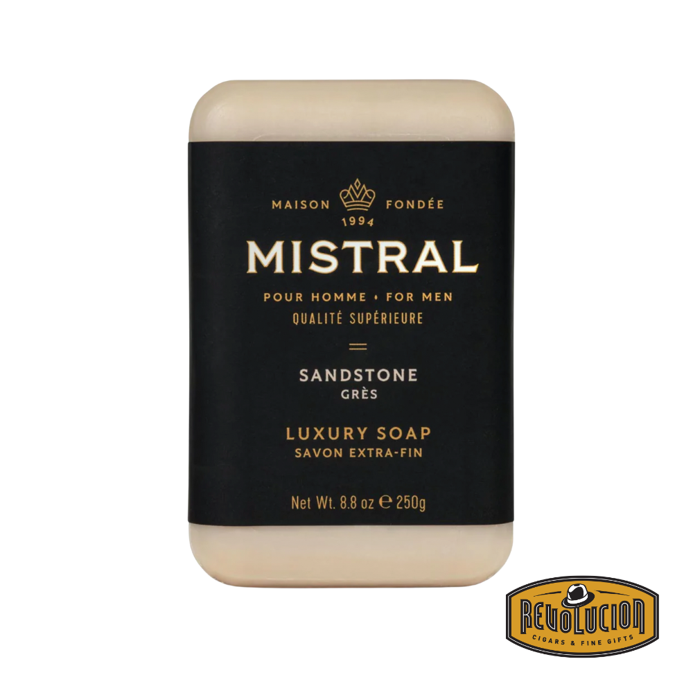 Mistral Men's Hydrating Soap Bar Sandstone – tan-colored soap with desert-toned packaging, ideal for rugged daily care.