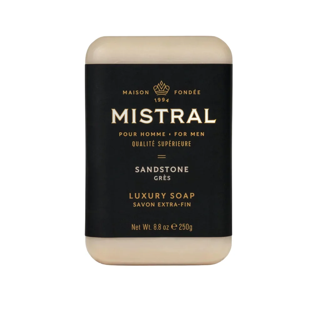 Mistral Men's Hydrating Soap Bar Sandstone – tan-colored soap with desert-toned packaging, ideal for rugged daily care.