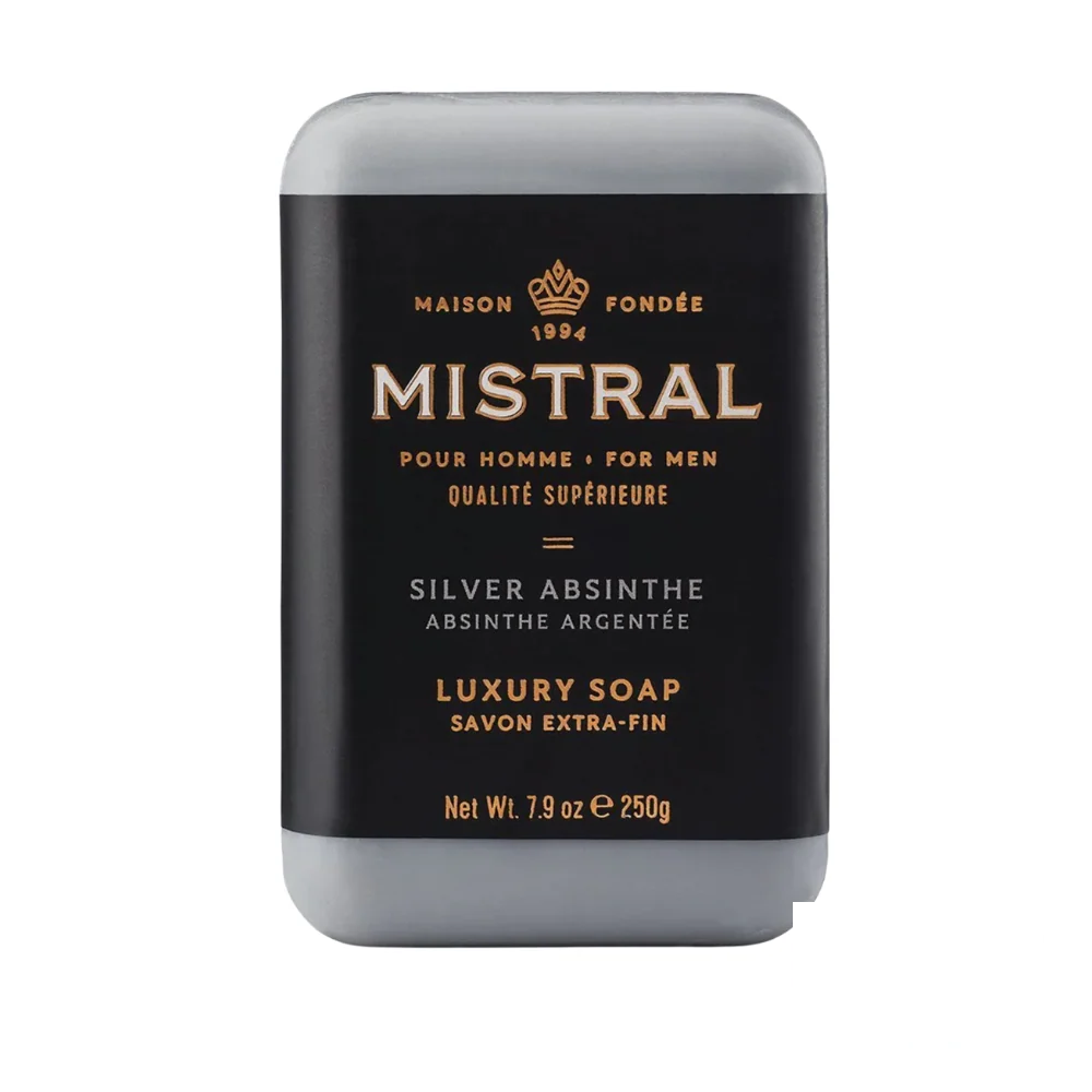 Mistral Men's Hydrating Soap Bar Silver Absinthe – metallic-toned soap bar with bold branding, ideal for an energizing cleanse.