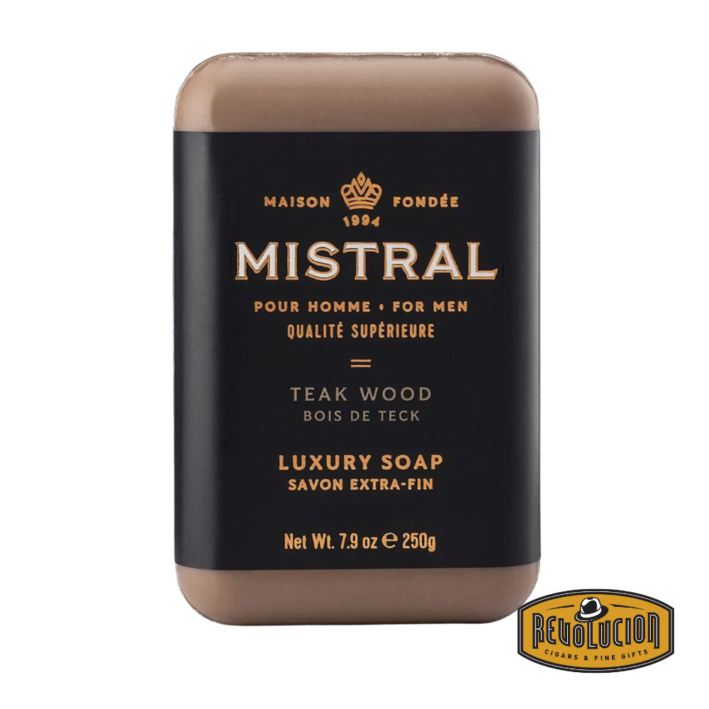 Mistral Men's Hydrating Soap Bar Teak Wood – a rich amber-toned bar in bold packaging, designed to nourish and cleanse.