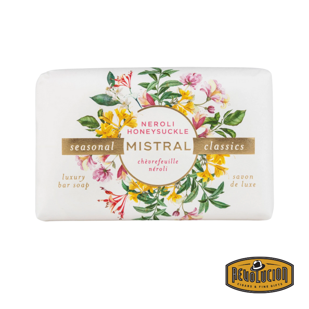 Mistral Neroli Honeysuckle Soap Bar 200g – a beautifully crafted French soap bar wrapped in elegant floral packaging, offering a bright blend of neroli and honeysuckle for a luxurious cleansing experience.
