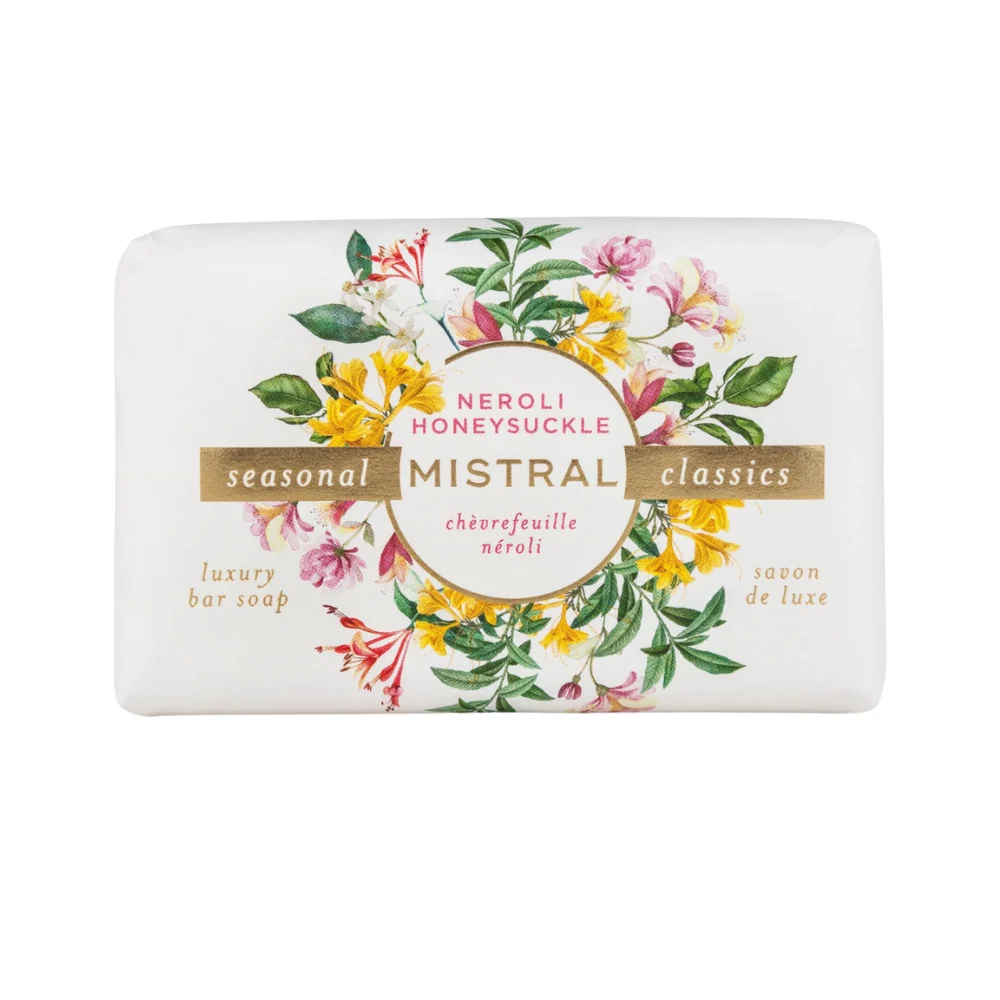Mistral Neroli Honeysuckle Soap Bar 200g – a beautifully crafted French soap bar wrapped in elegant floral packaging, offering a bright blend of neroli and honeysuckle for a luxurious cleansing experience.