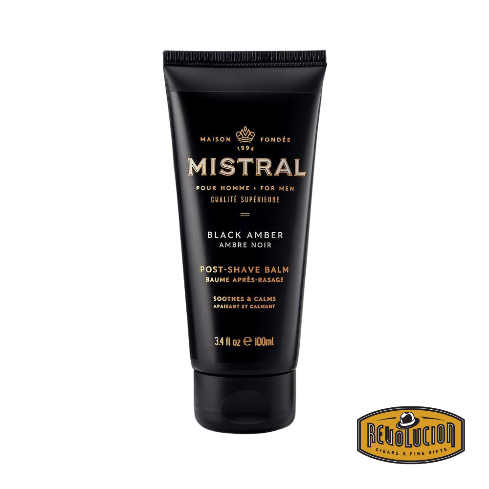 Mistral Men's Post Shave Balm Black Amber 100ml – sleek bottle of hydrating balm crafted to soothe and protect the skin after shaving, infused with a rich black amber scent.