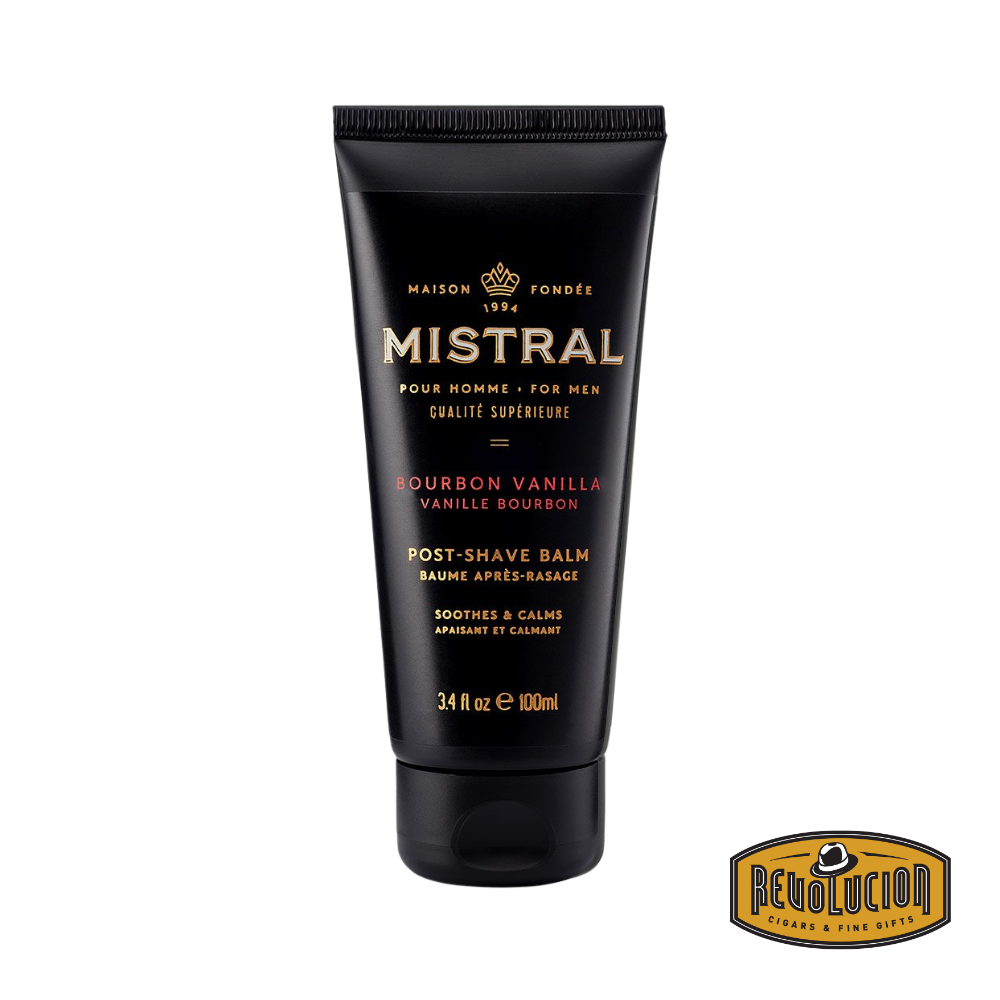 Mistral Men's Post Shave Balm Bourbon Vanilla 100ml – elegant grooming balm in a sleek bottle, formulated to calm post-shave irritation with a warm bourbon vanilla scent.
