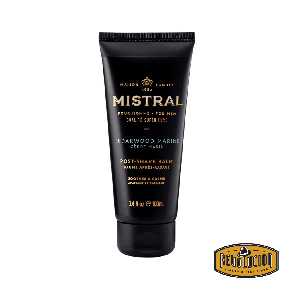 Mistral Men's Post Shave Balm Cedarwood Marine 100ml – a sleek blue tube designed to soothe and refresh the skin after shaving.