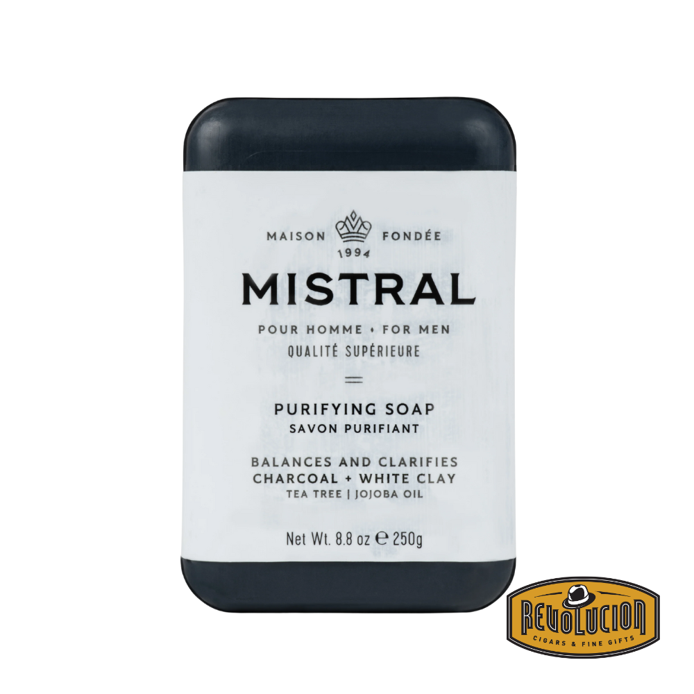Mistral Purifying Performance Soap Bar 250g in sleek packaging with a clean, professional design, emphasizing its premium skincare formulation for men.