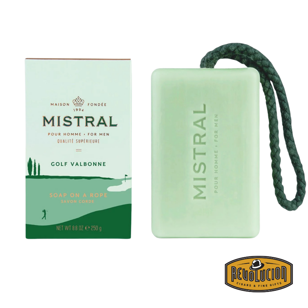 Mistral Men's Hydrating Soap Bar 250g in Golf Valbonne scent, enriched with glycerine and grapeseed oil for a nourishing cleanse.