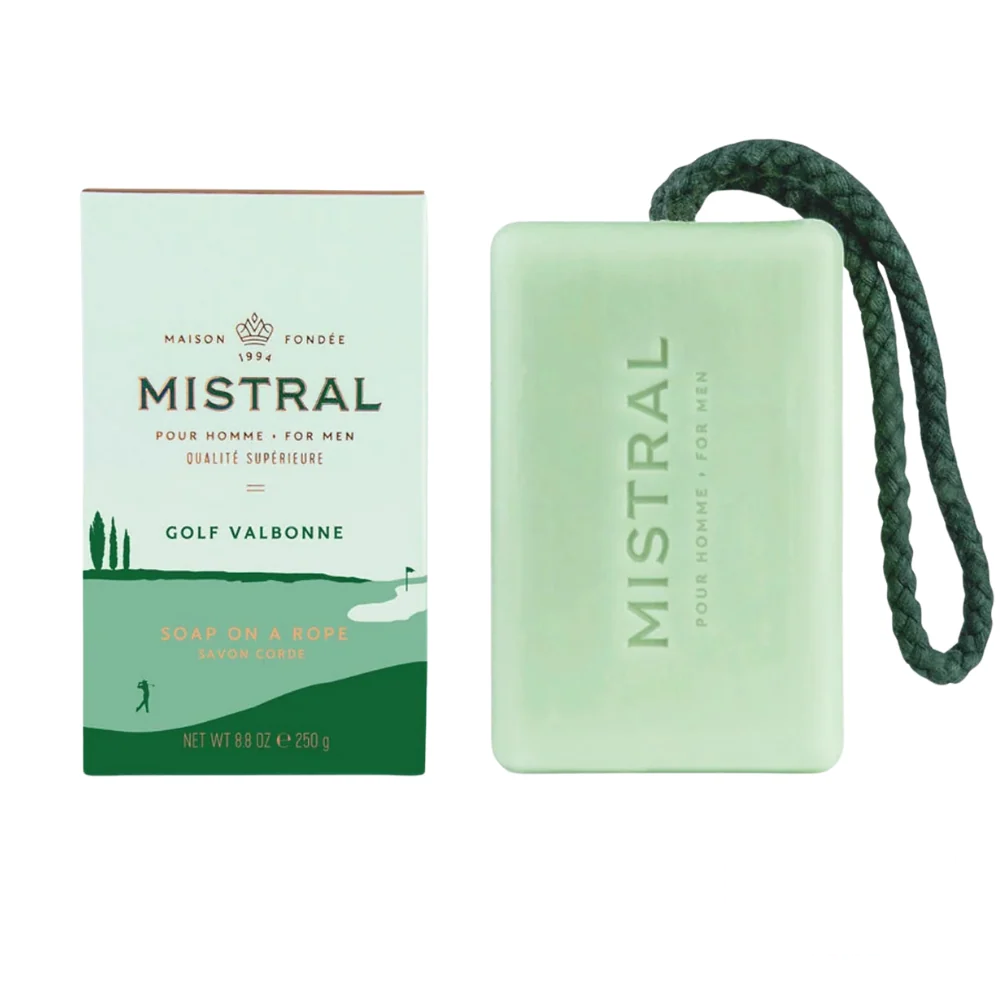 Mistral Men's Hydrating Soap Bar 250g in Golf Valbonne scent, enriched with glycerine and grapeseed oil for a nourishing cleanse.
