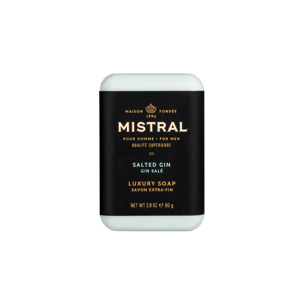 Mistral Travel Bar Soap 80g - Salted Gin – a compact, rectangular bar in elegant minimalist packaging, perfect for travel with a crisp, refreshing scent.