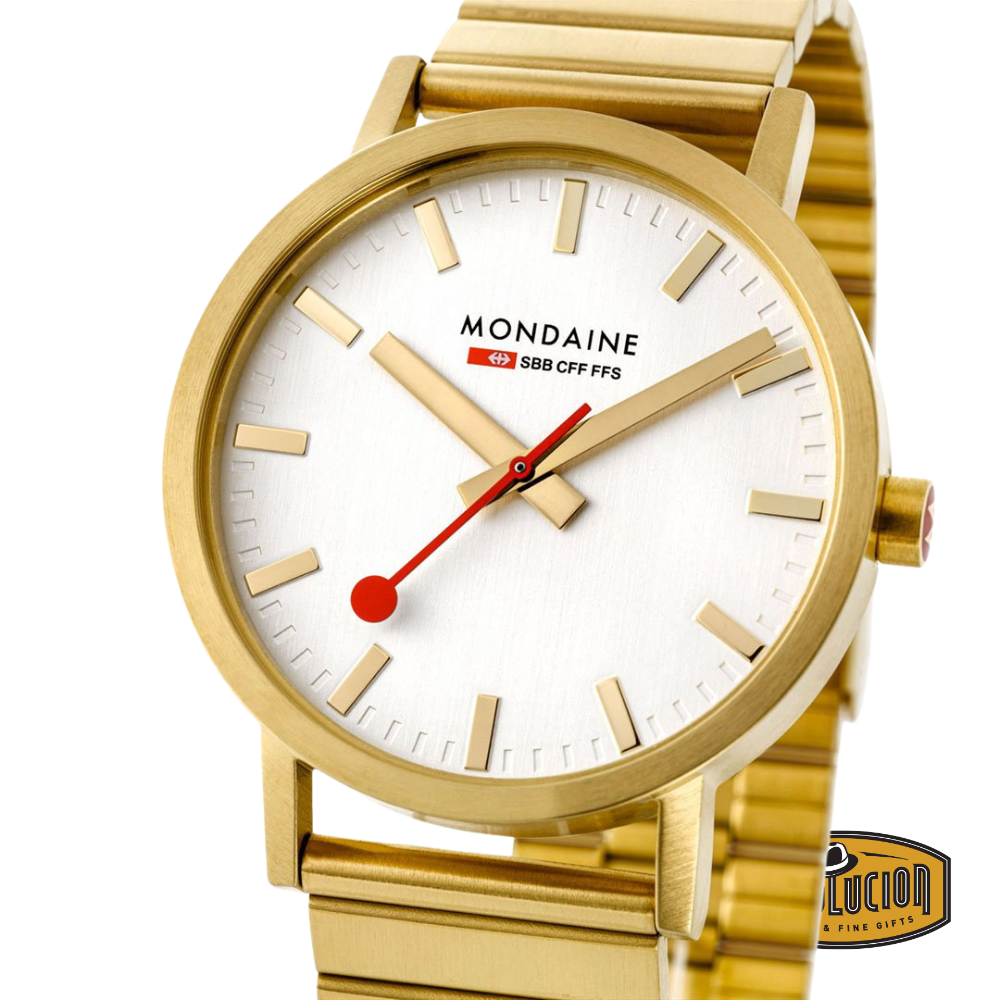 Close-up view of the Mondaine Classic 36mm Gold Watch, detailing the refined craftsmanship and minimalist design.