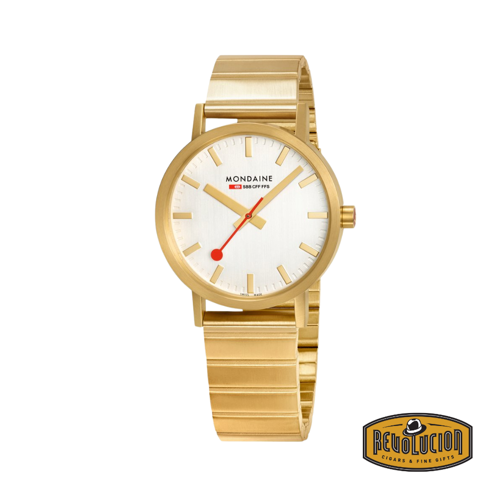 Front view of the Mondaine Classic 36mm Gold Watch, showcasing its elegant gold-tone case and signature Swiss railway-inspired dial.