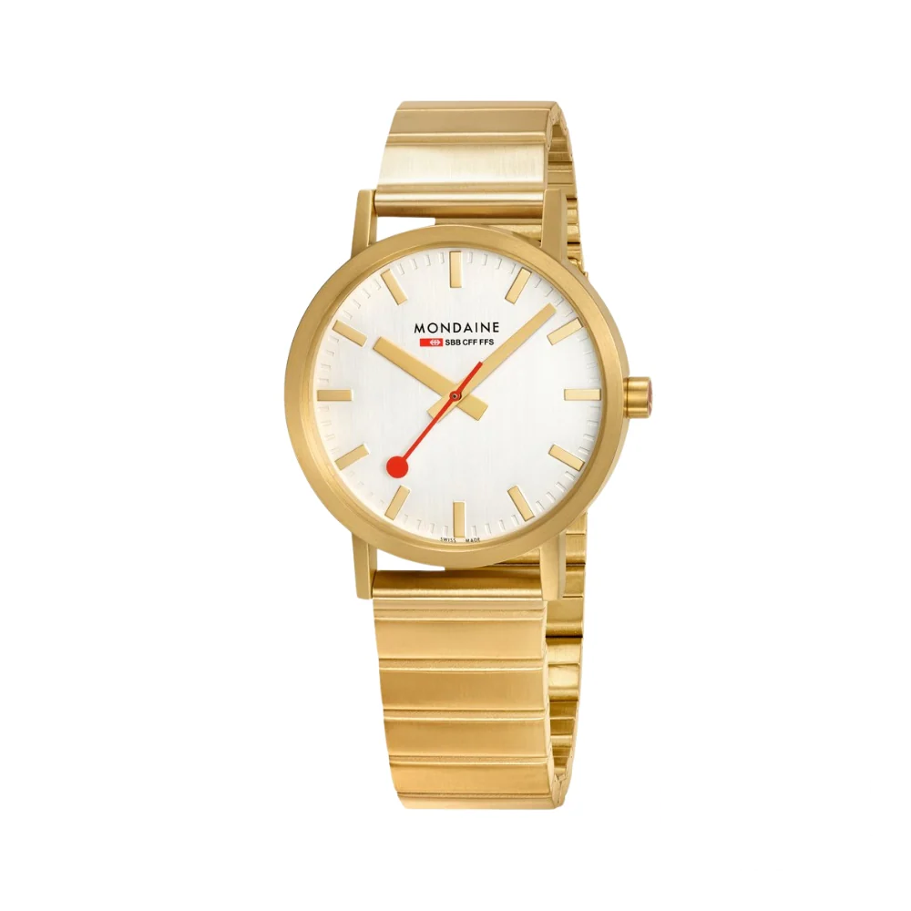Front view of the Mondaine Classic 36mm Gold Watch, showcasing its elegant gold-tone case and signature Swiss railway-inspired dial.