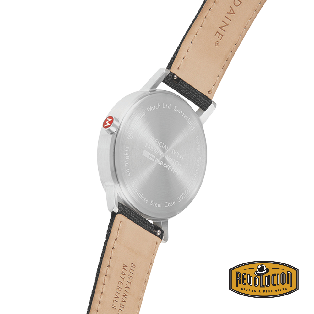 Back view of the Mondaine Classic Gent Watch 40mm, featuring an engraved stainless steel case back with Swiss Made details.