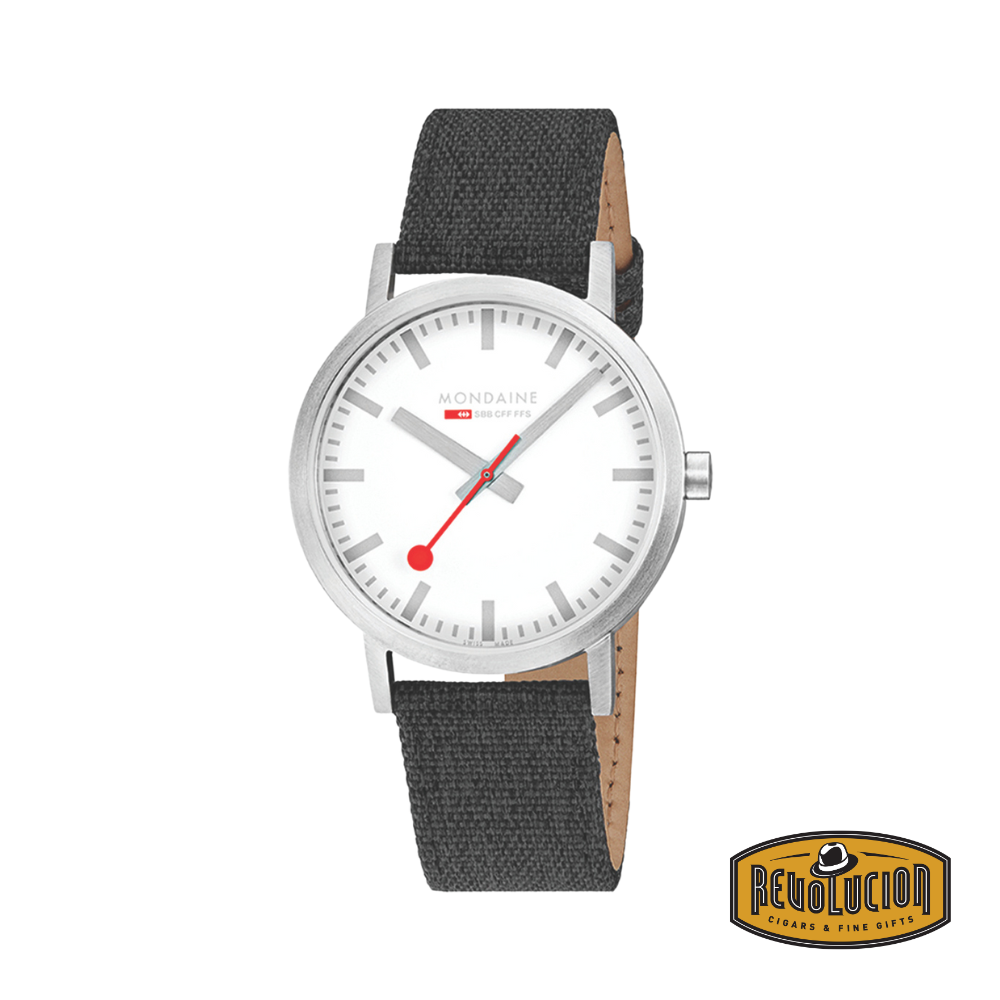 Front view of the Mondaine Classic Gent Watch 40mm, showcasing its crisp white dial, bold black markers, and signature red seconds hand.