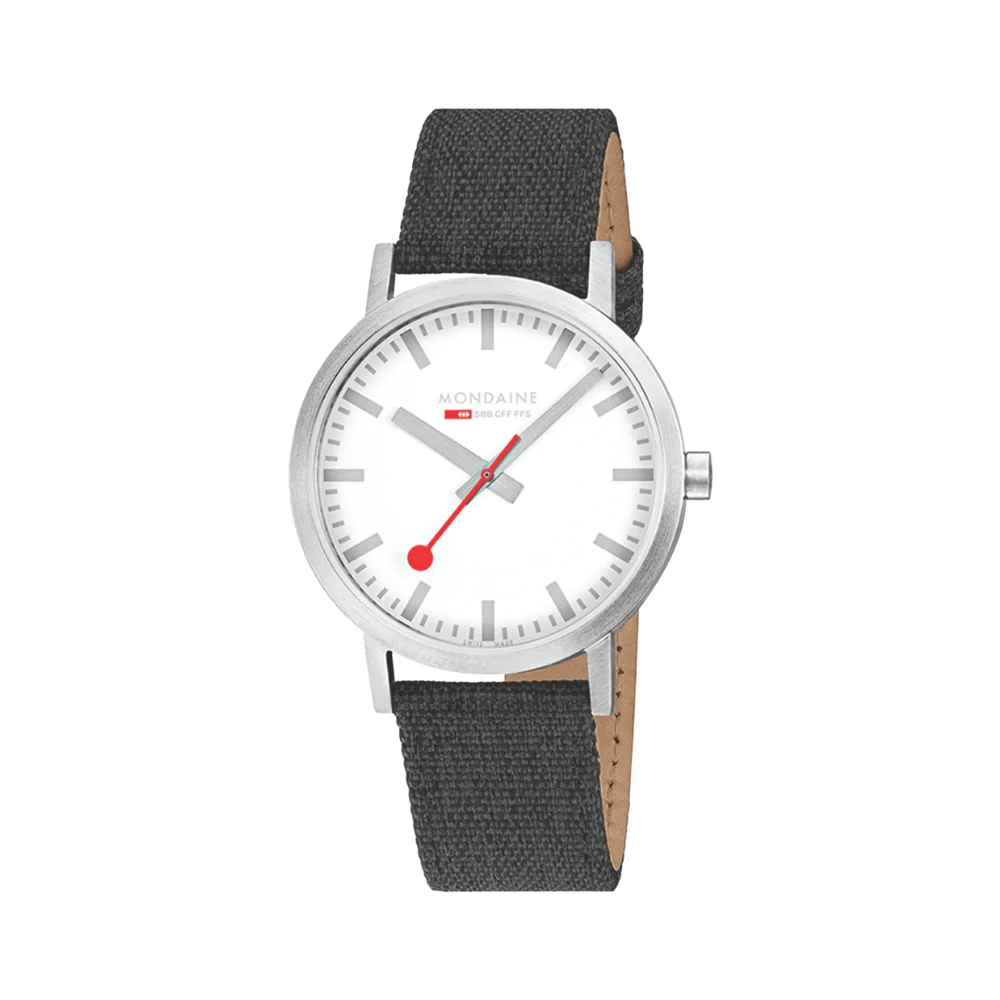 Front view of the Mondaine Classic Gent Watch 40mm, showcasing its crisp white dial, bold black markers, and signature red seconds hand.