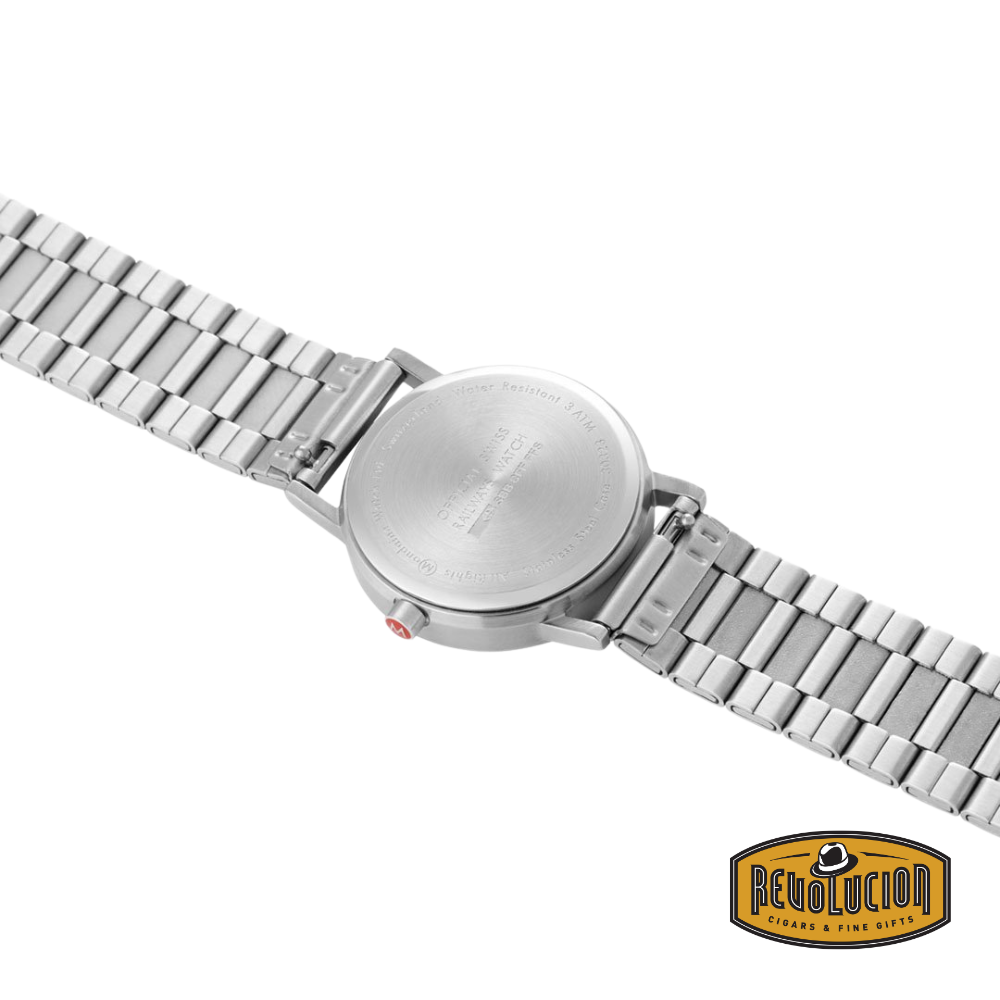 Side view of the Mondaine Classic Silver/White 36mm watch, highlighting its slim profile and stainless steel case.