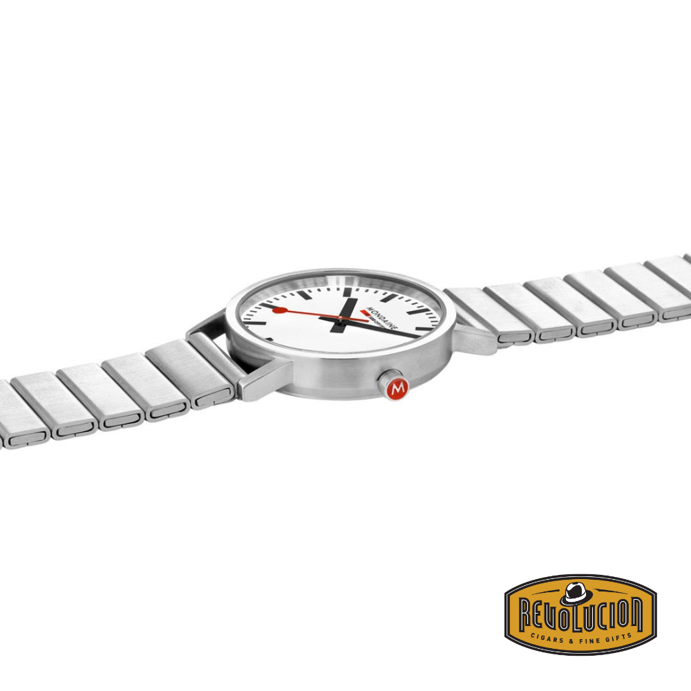 Back view of the Mondaine Classic Silver/White 36mm watch, displaying the engraved case back with brand details.