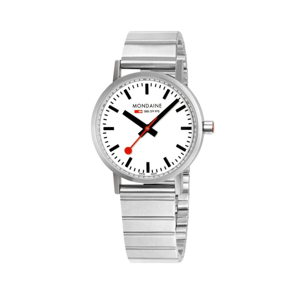 Front view of the Mondaine Classic Silver/White 36mm watch, showcasing its minimalist Swiss railway-inspired dial.