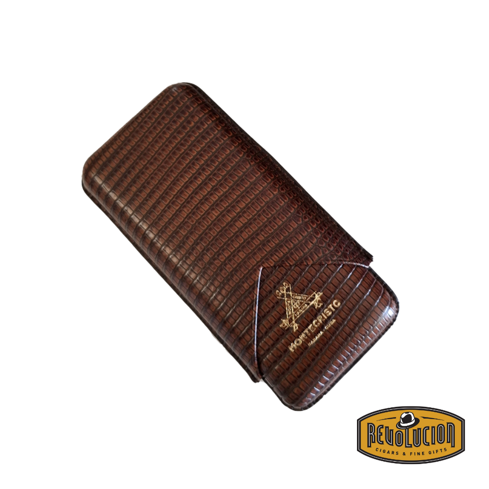 Montecristo Cigar Case 3ct – Brown leather cigar case featuring a debossed Montecristo logo, elegant stitching, and a structured design to securely hold up to three cigars.