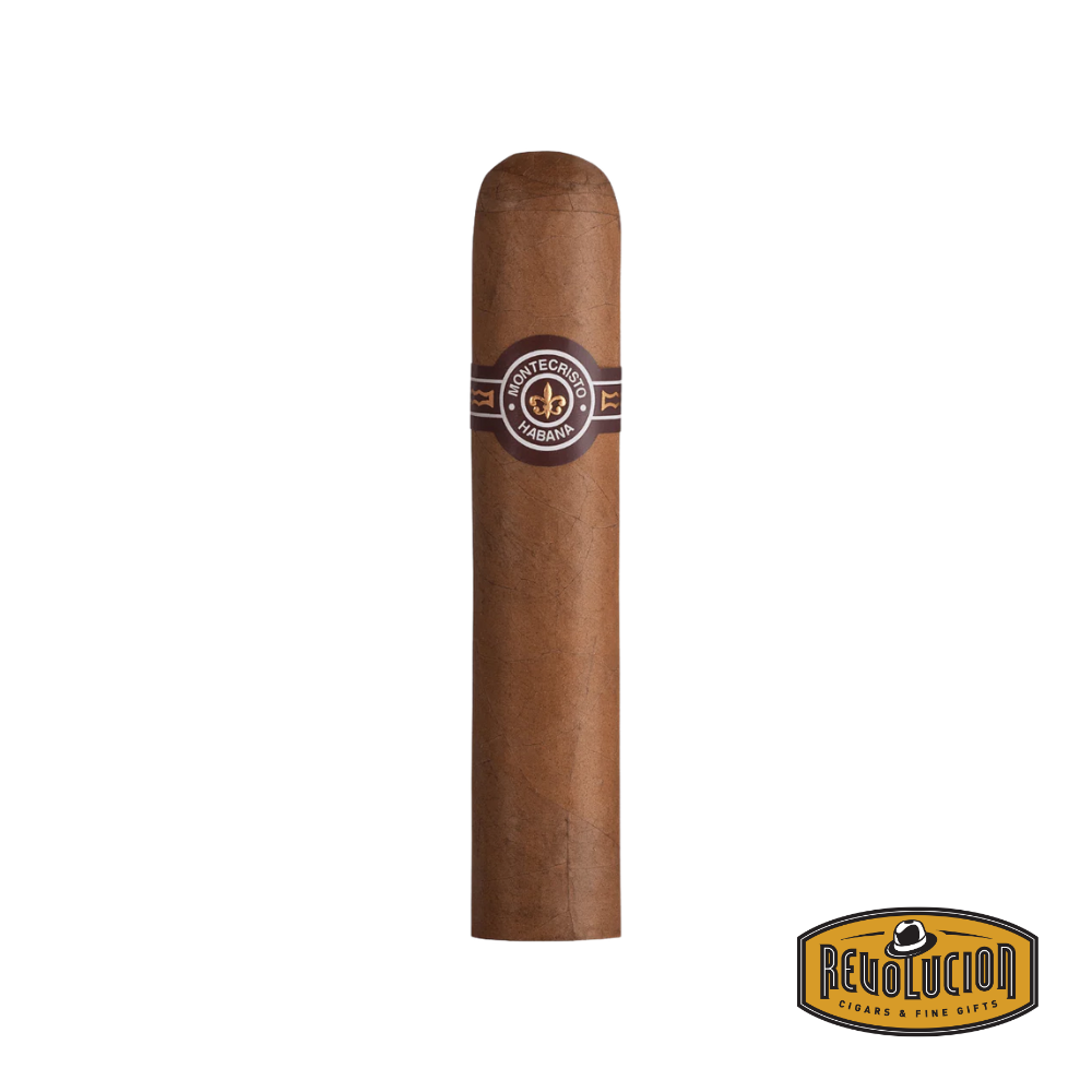 Montecristo Edmundo H/M Robusto Cuban cigar on a white background with the Revolucion logo, showcasing a full strength profile and the classic Montecristo band.