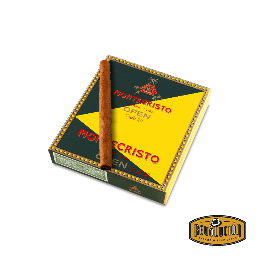 Montecristo Open Club Mild Strength Cuban Cigarillo pack featuring sleek yellow and green branding, known for delivering smooth Cuban flavor in a compact size.