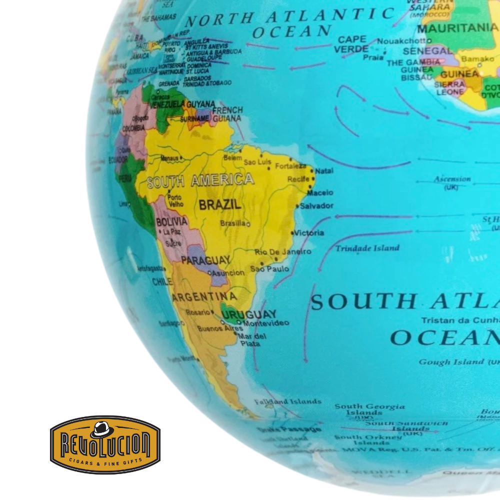 A close-up of the Mova Blue Political World Globe (4.5"), showcasing detailed country borders and vibrant colors, placed on a transparent acrylic stand.