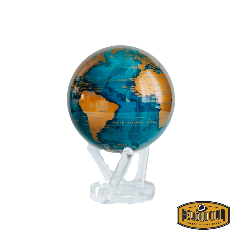 Mova Gold Terrestrial Rotating Globe (6") with dark blue oceans and gold-toned landmasses, displayed on a transparent acrylic base.