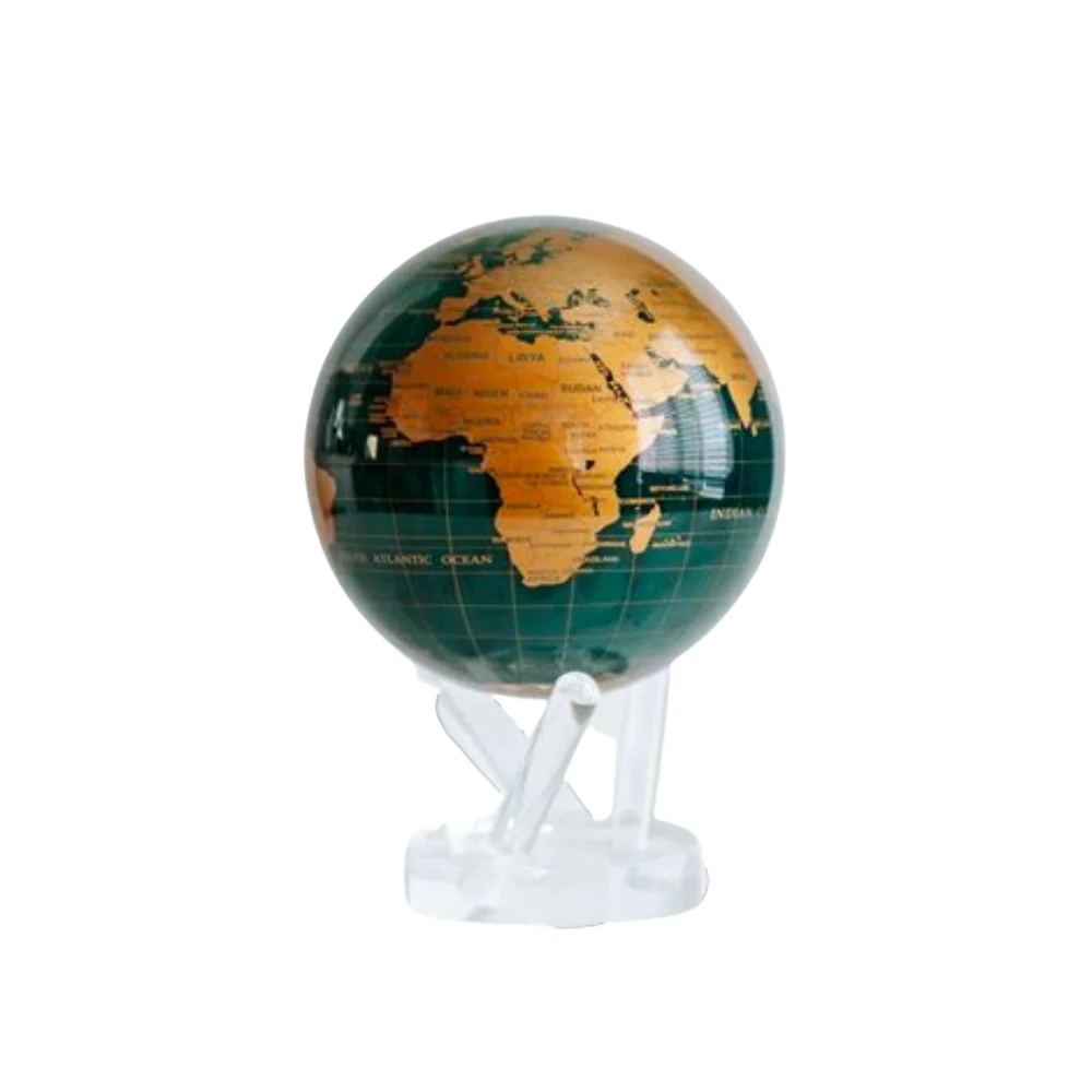 Mova Gold Terrestrial Rotating Globe (6") with dark green oceans and gold-toned landmasses, elegantly displayed on a transparent acrylic base.