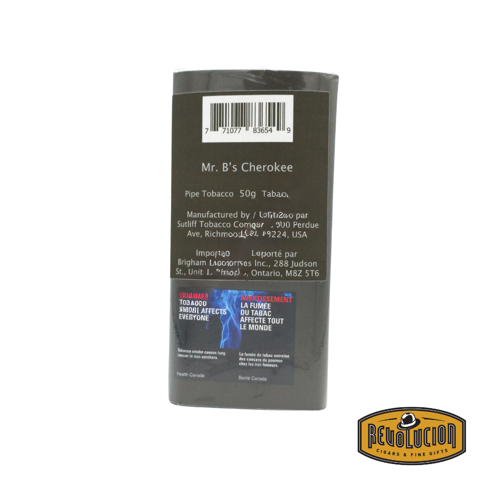 Mr. B's Cherokee Pipe Tobacco 50g pouch, showcasing its packaging design and branding.