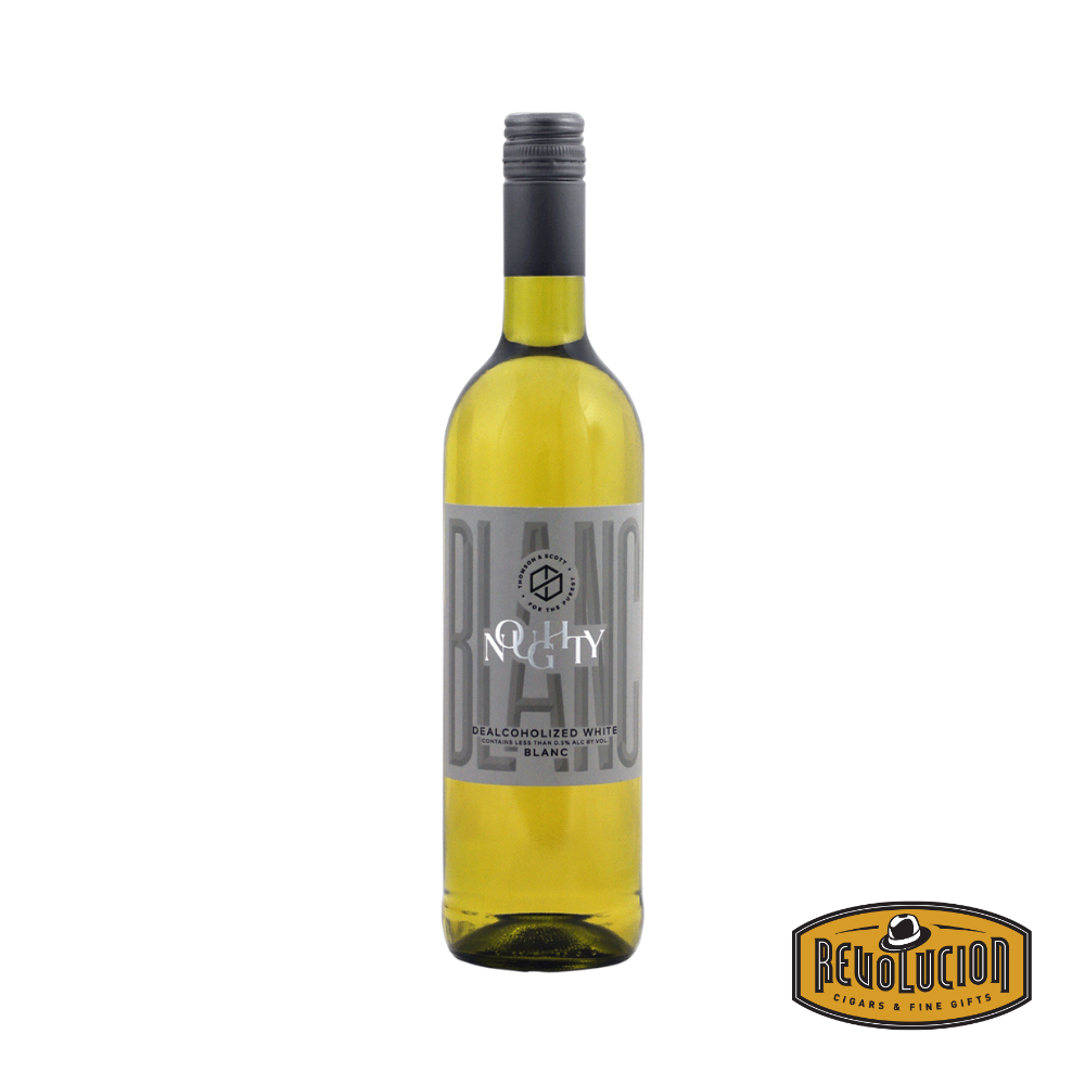 Noughty Still Blanc Non-Alcoholic bottle, showcasing a clean, minimalist label and a clear view of the light-colored wine inside.