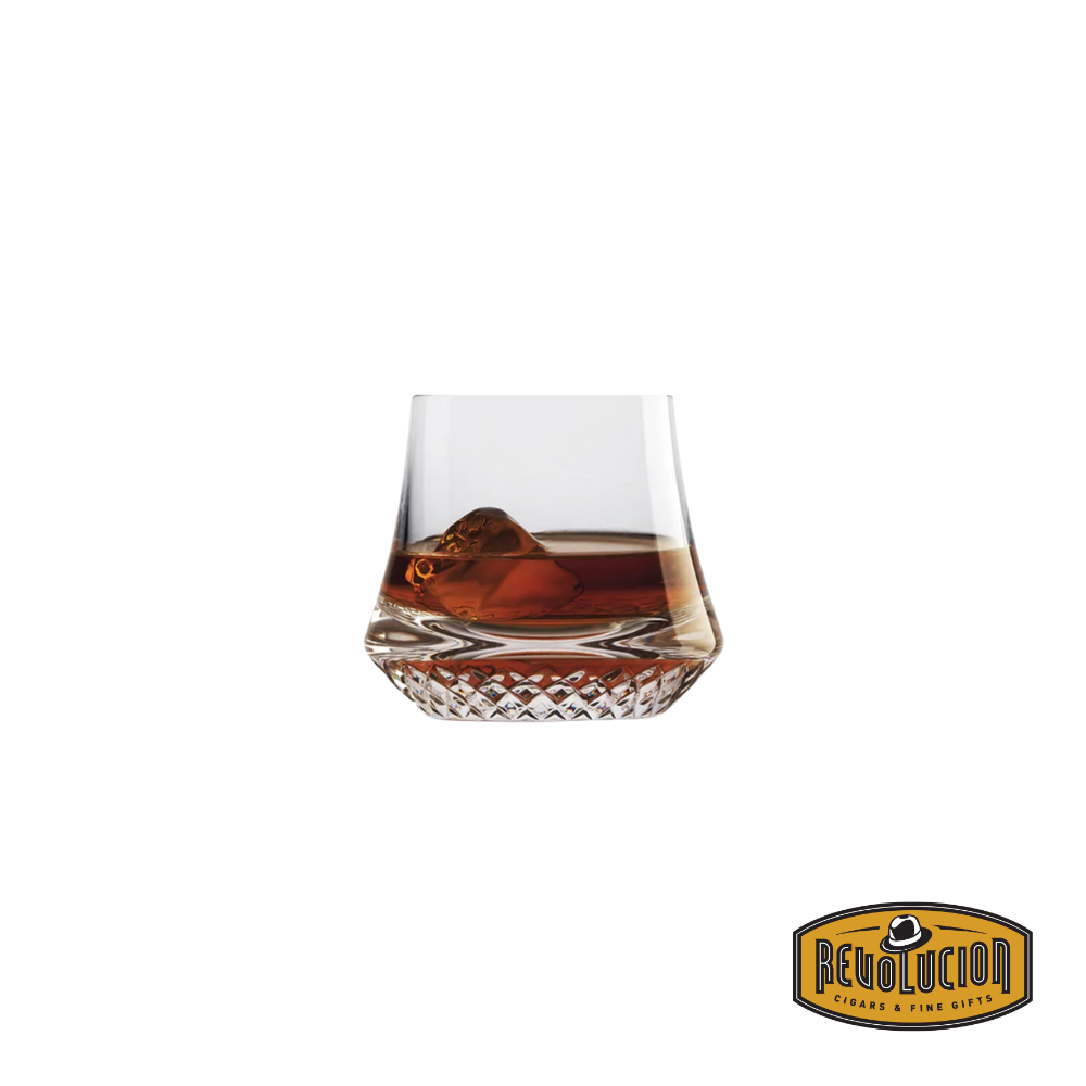 Nude Paris Whisky Glass DOF Set of 2, featuring a sleek and modern design, with one glass filled with whiskey, showcasing its refined aesthetic and perfect craftsmanship.