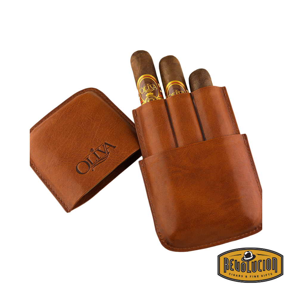 Oliva 3-Cigar Leather Case in rich brown leather, shown holding three cigars, with the iconic Oliva logo embossed on the front, displayed with the Revolucion Cigars & Fine Gifts logo.