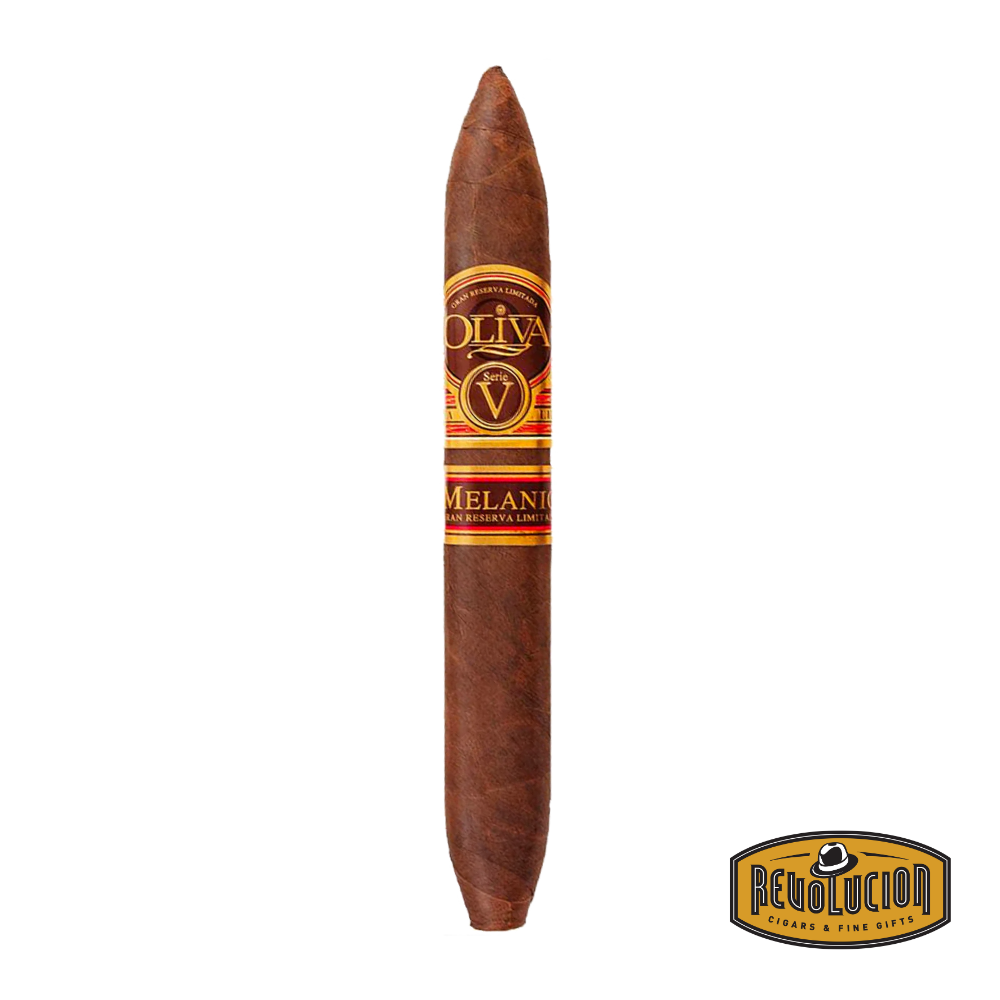 Oliva Serie V Melanio Figurado full-strength Nicaraguan cigar with box-pressed shape and dark, oily wrapper.