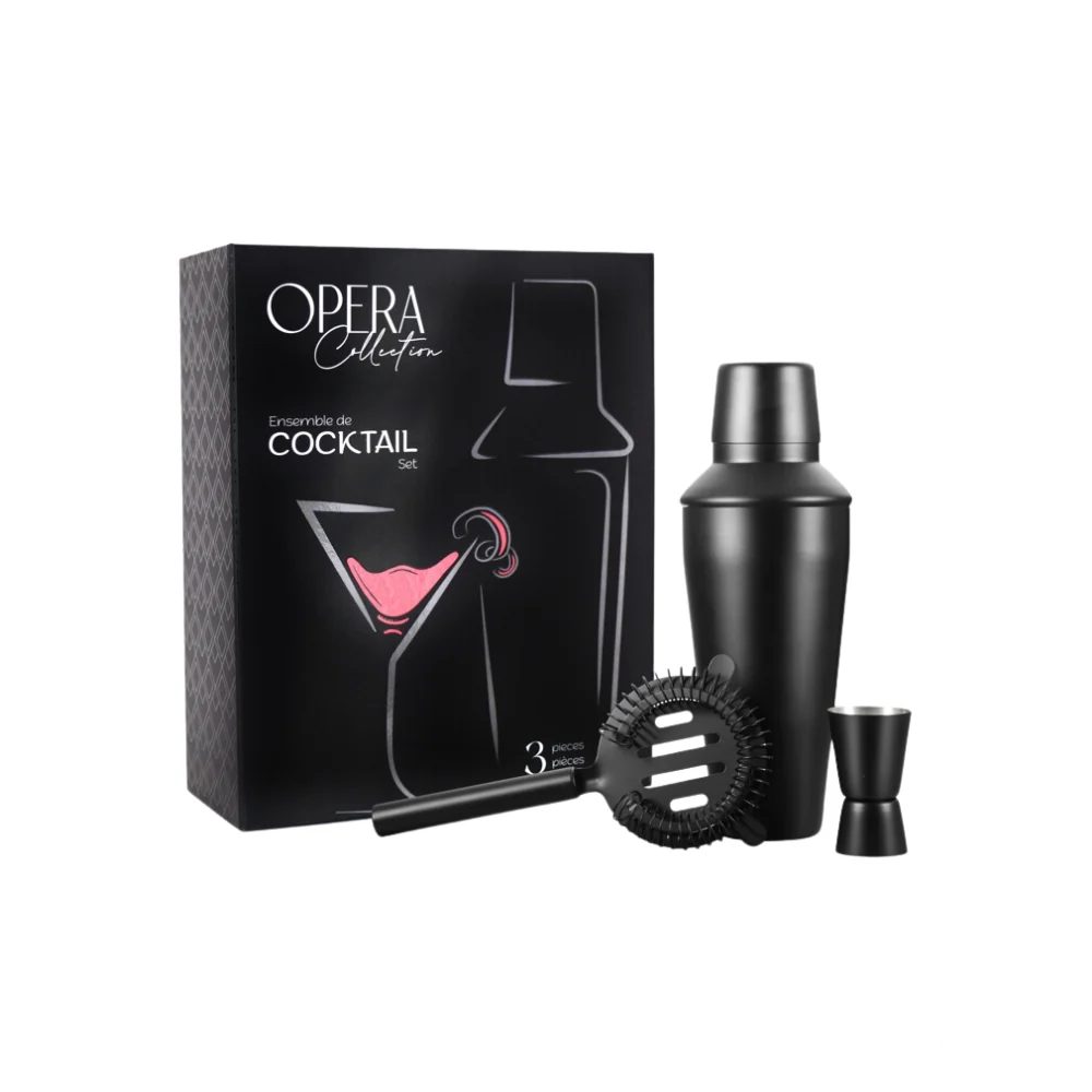 Opera Collection Cocktail Set, featuring a black shaker, strainer, and jigger, elegantly packaged in a stylish black box with modern graphics.