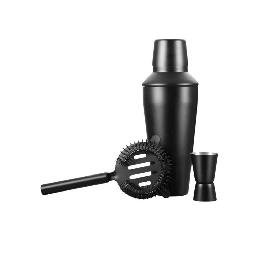 Sleek black cocktail shaker set, including a shaker, strainer, and jigger, designed for professional-quality cocktail making.