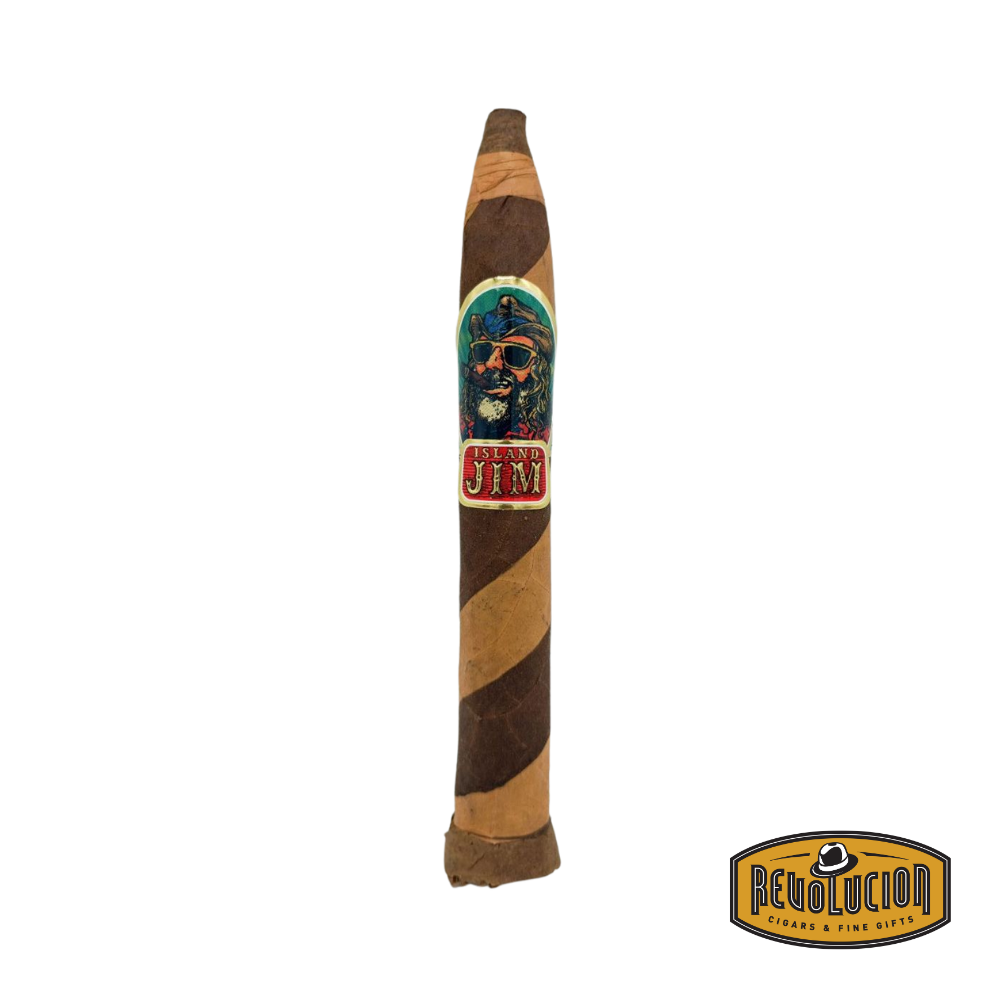 Oscar Valladares Island Jim No. 2 Barber Pole Torpedo cigar featuring a striking dual-wrapper design with a pointed torpedo head and rustic foot.