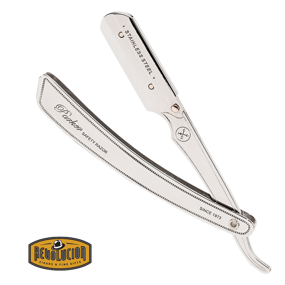 Parker SRX Heavy Duty Stainless Steel Barber Razor with polished finish, displayed open to show blade holder.