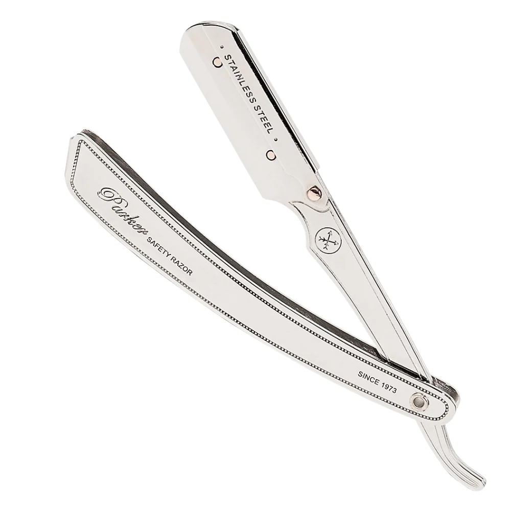 Parker SRX Heavy Duty Stainless Steel Barber Razor with polished finish, displayed open to show blade holder.