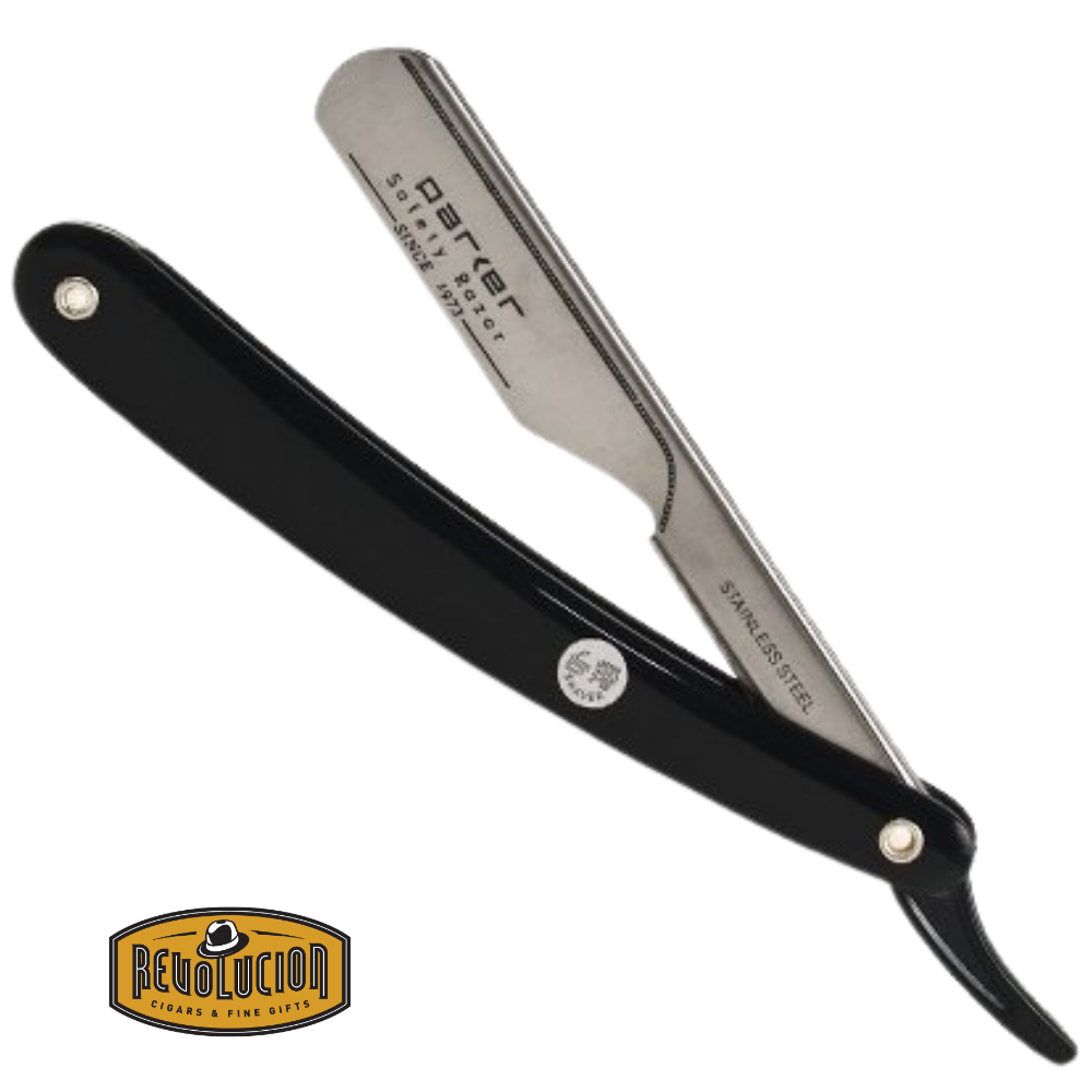 Parker PTB Shavette Razor with stainless steel blade holder and sleek black handle.