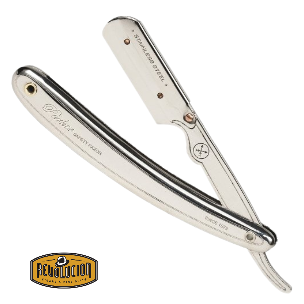 Parker SR1 Straight Razor with stainless steel handle and blade holder, shown open and closed.