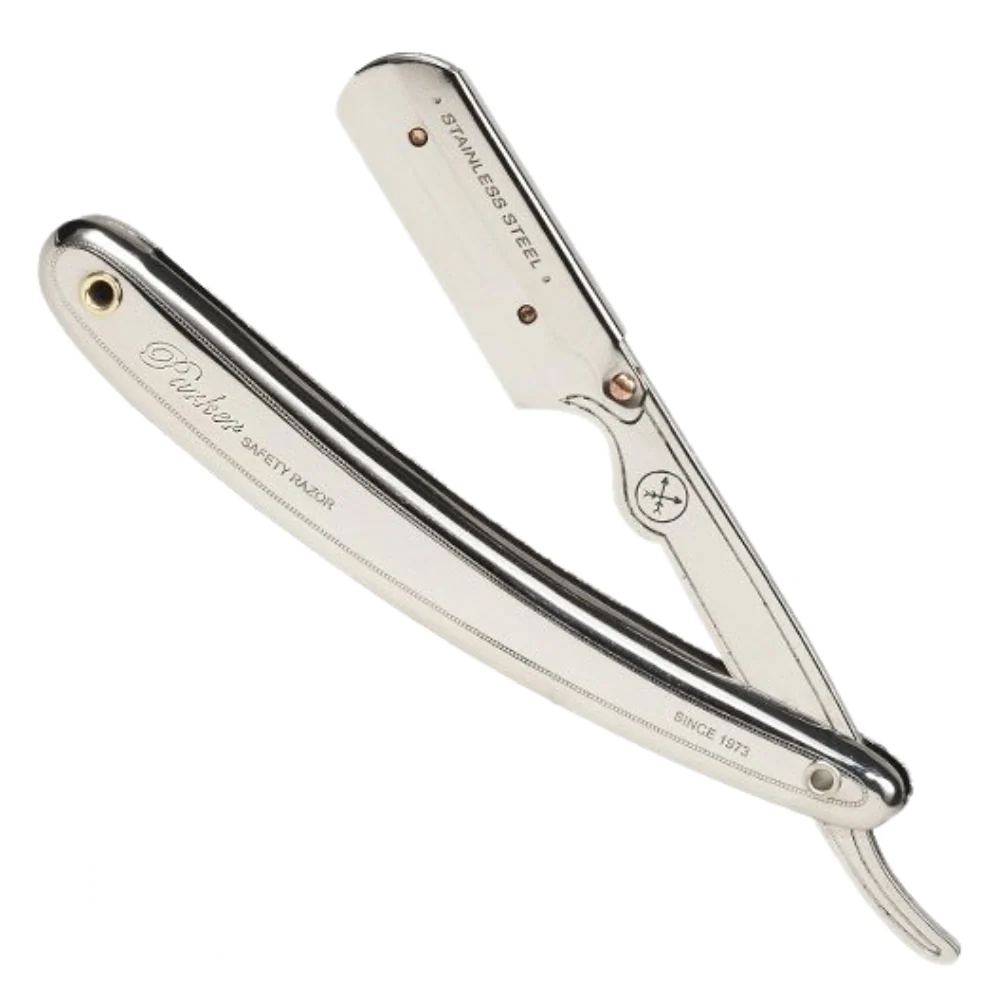 Parker SR1 Straight Razor with stainless steel handle and blade holder, shown open and closed.