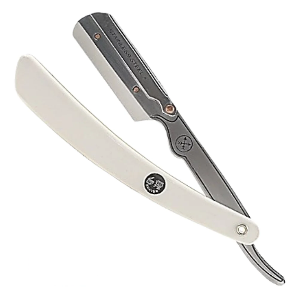 Parker SRW Straight Razor with stainless steel blade arm and white resin handle, open and folded.