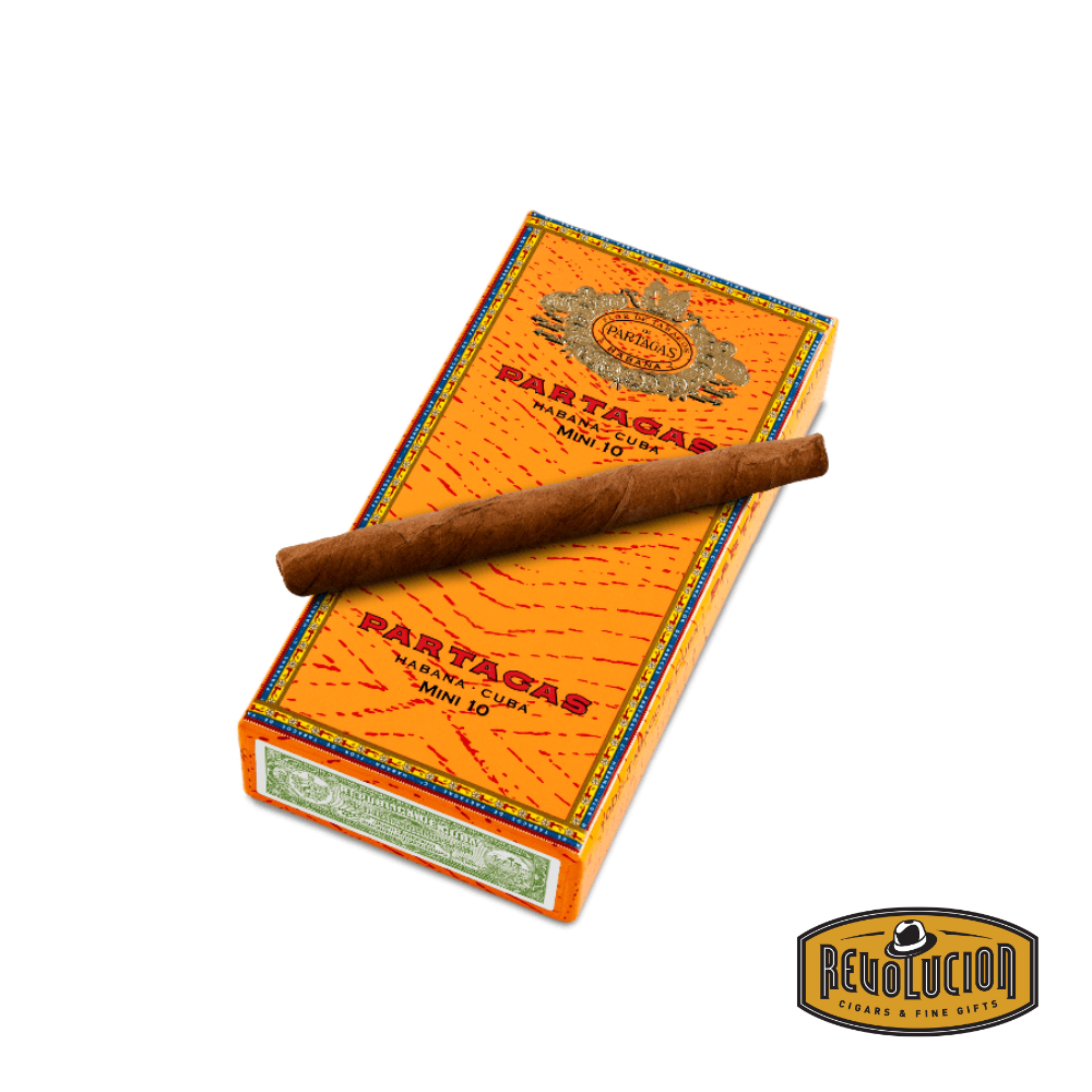 Partagás Mini Full-Strength Cuban Cigarillo box open to display several mini cigarillos, each wrapped in classic Partagás branding inside the traditional red and gold box.