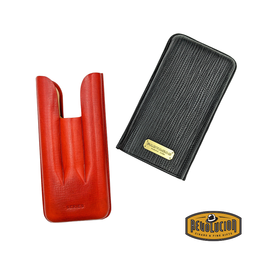 Opened view of the black Partagas Series 3 cigar leather case showing inner compartments with space for securely holding cigars.