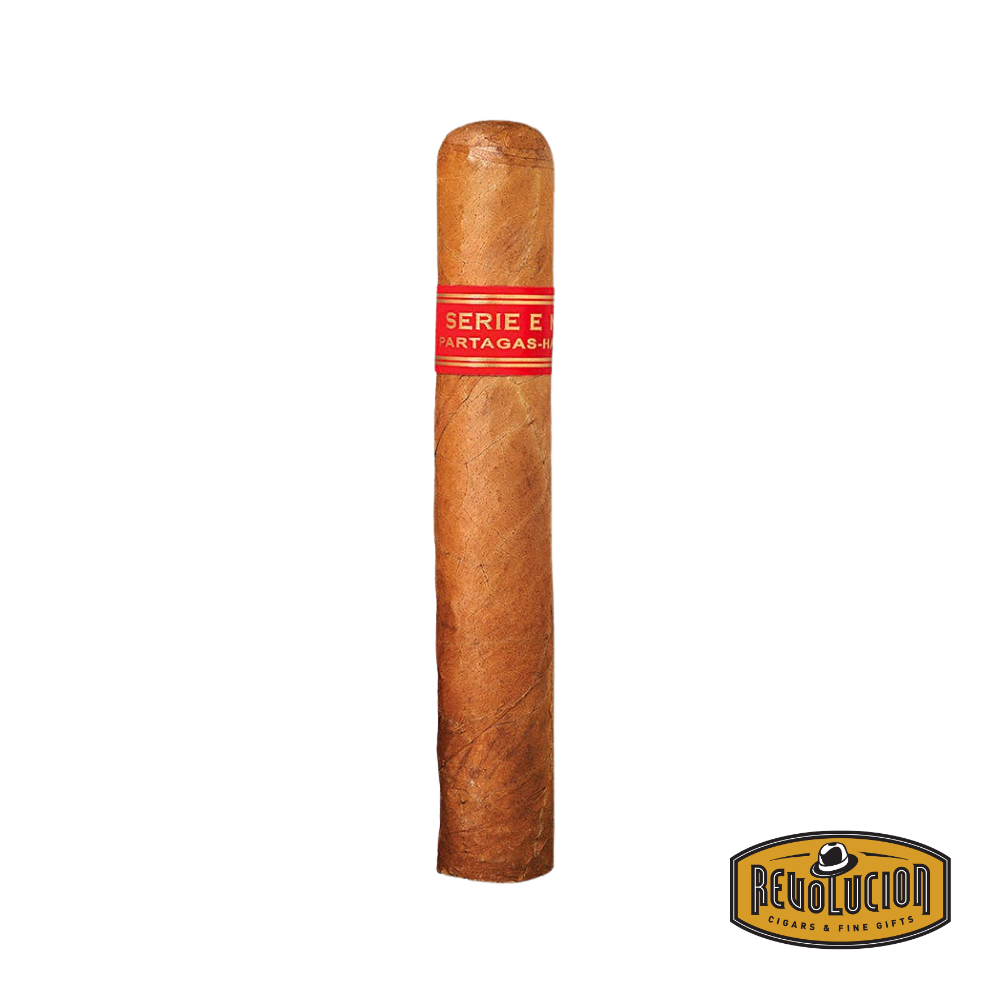 Partagas Series "E" No.2 H/M Robusto Extra – a medium-full strength Cuban cigar in a robusto extra vitola, featuring a dark, oily wrapper and the bold red and gold Serie E band, showcasing classic Cuban craftsmanship.
