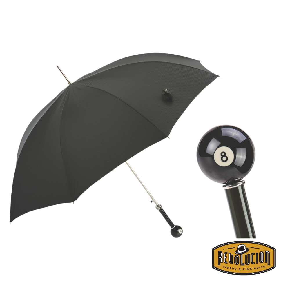 A luxurious Pasotti Scotland 8 Ball Umbrella featuring a sleek black canopy and an eye-catching 8-ball handle, blending elegance with a playful touch.
