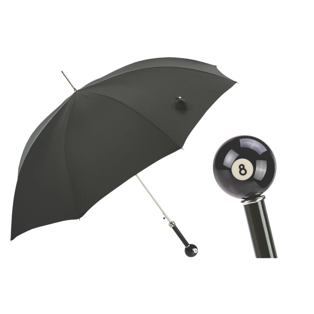 A luxurious Pasotti Scotland 8 Ball Umbrella featuring a sleek black canopy and an eye-catching 8-ball handle, blending elegance with a playful touch.