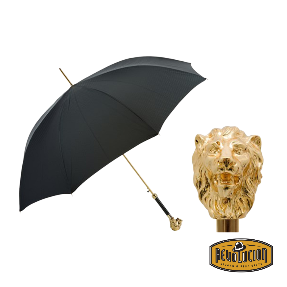 A premium Pasotti Scotland Gold Lion Umbrella featuring a rich canopy and an exquisite gold lion handle, symbolizing strength and luxury.