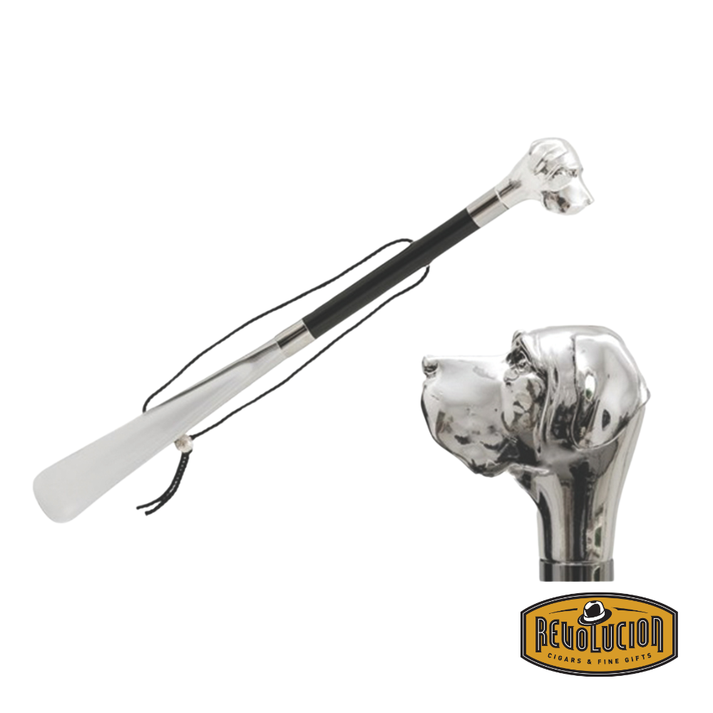 Pasotti Shoehorn with a detailed Labrador head handle in polished silver-tone, featuring a sleek black shaft and a practical leather strap.